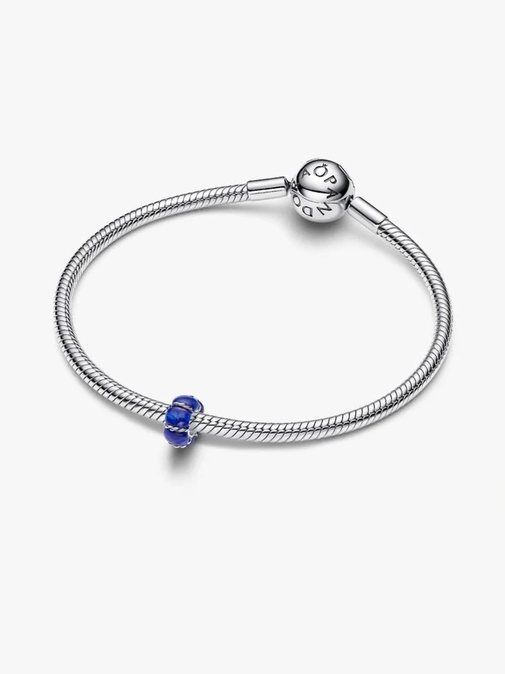 Pandora Sterling Silver Snake Chain Bracelet with Royal Blue Glass Charm